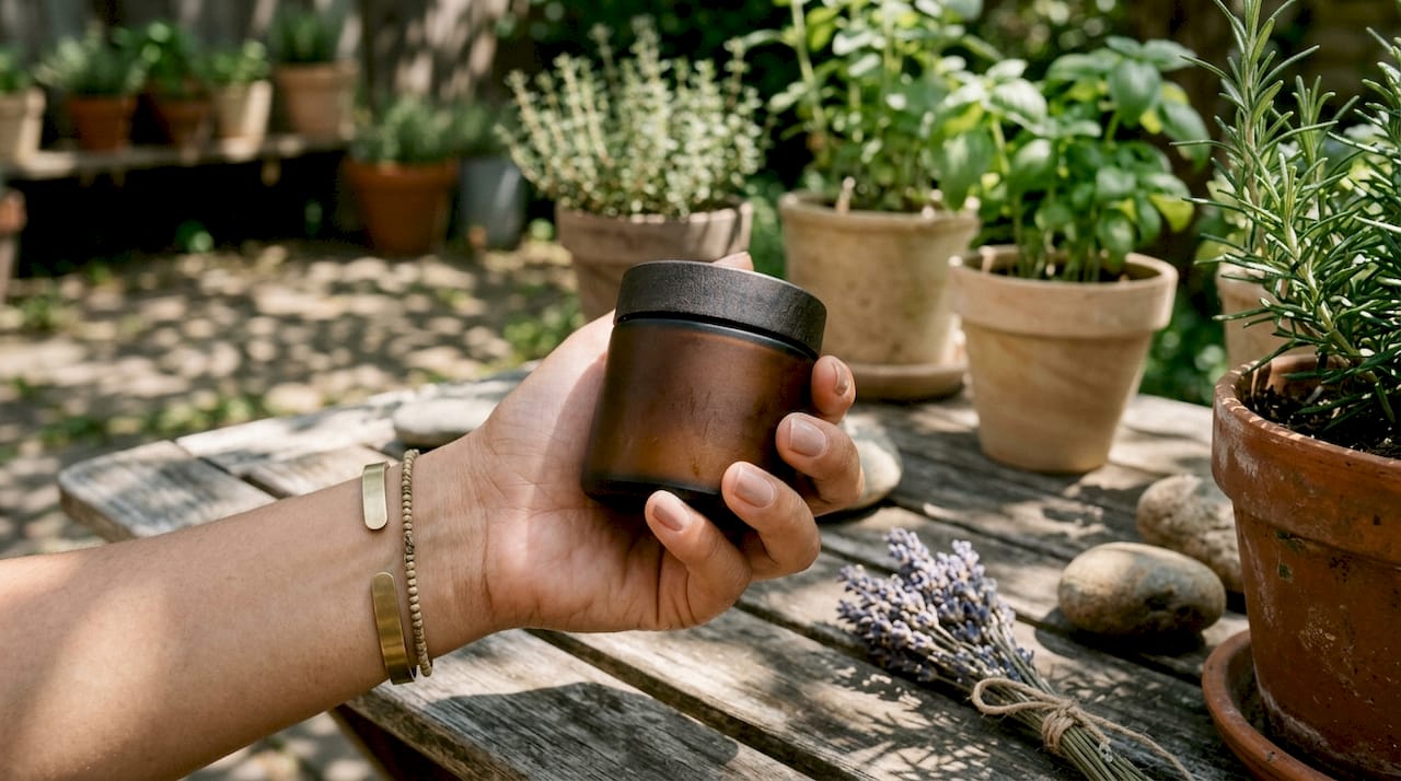Een hand houdt een duurzame verpakking van cosmetica vast.