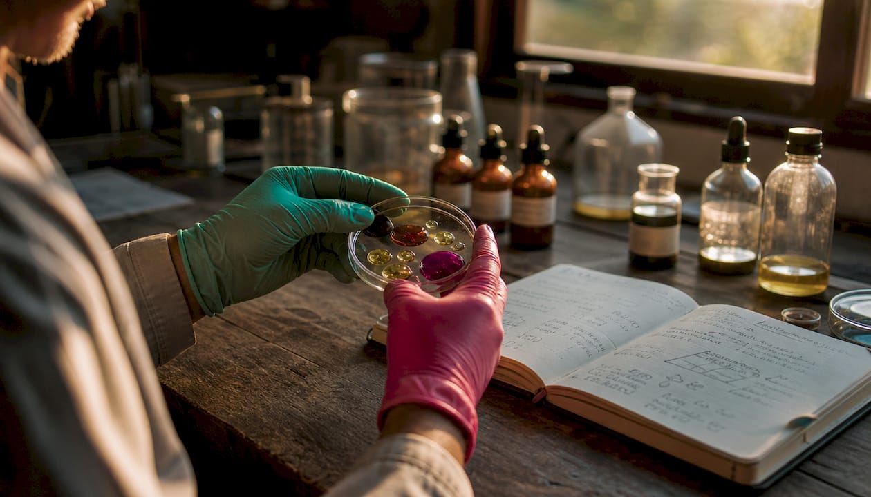 Handen die een natuurlijk extract vasthouden in een laboratoriumomgeving