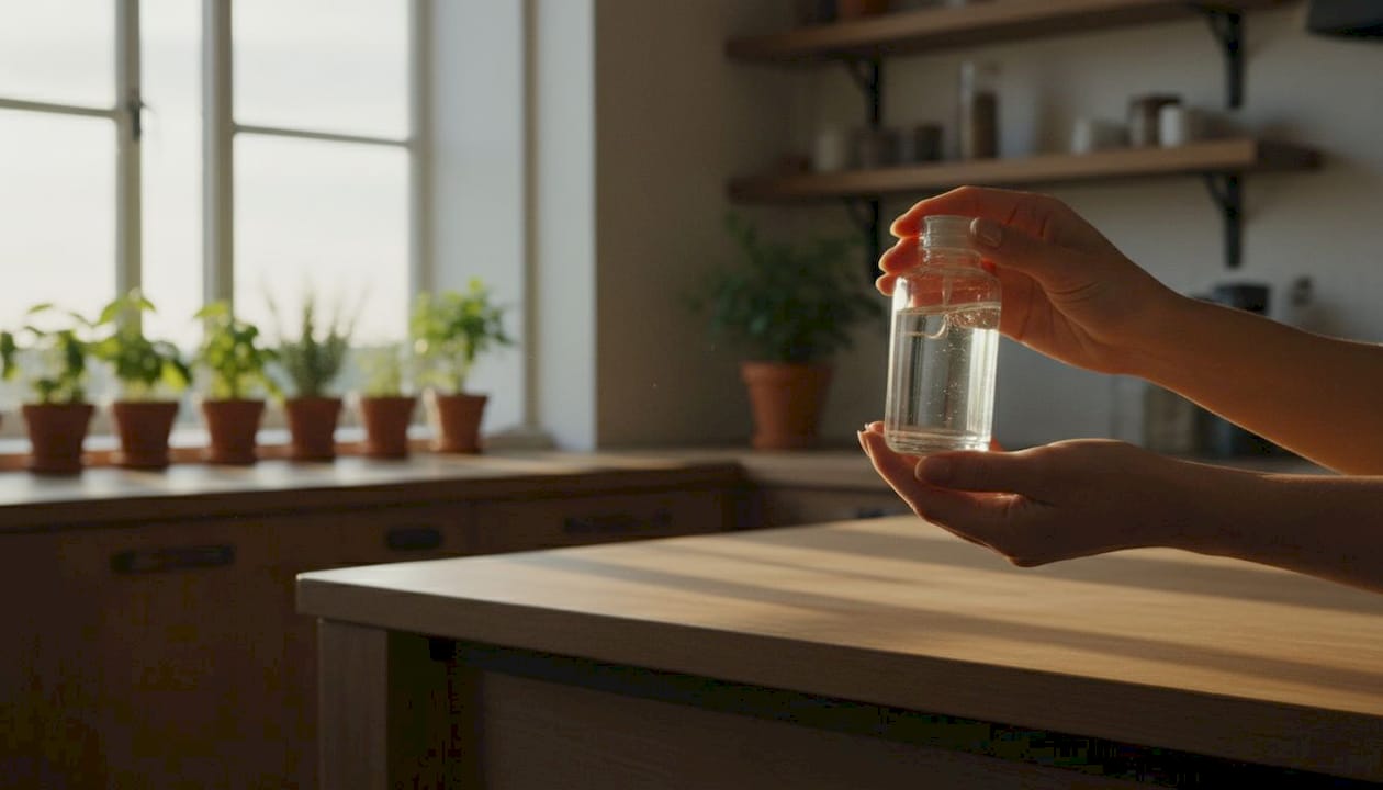 Met beide handen wordt een doorzichtige verpakking van cosmetica vastgehouden.