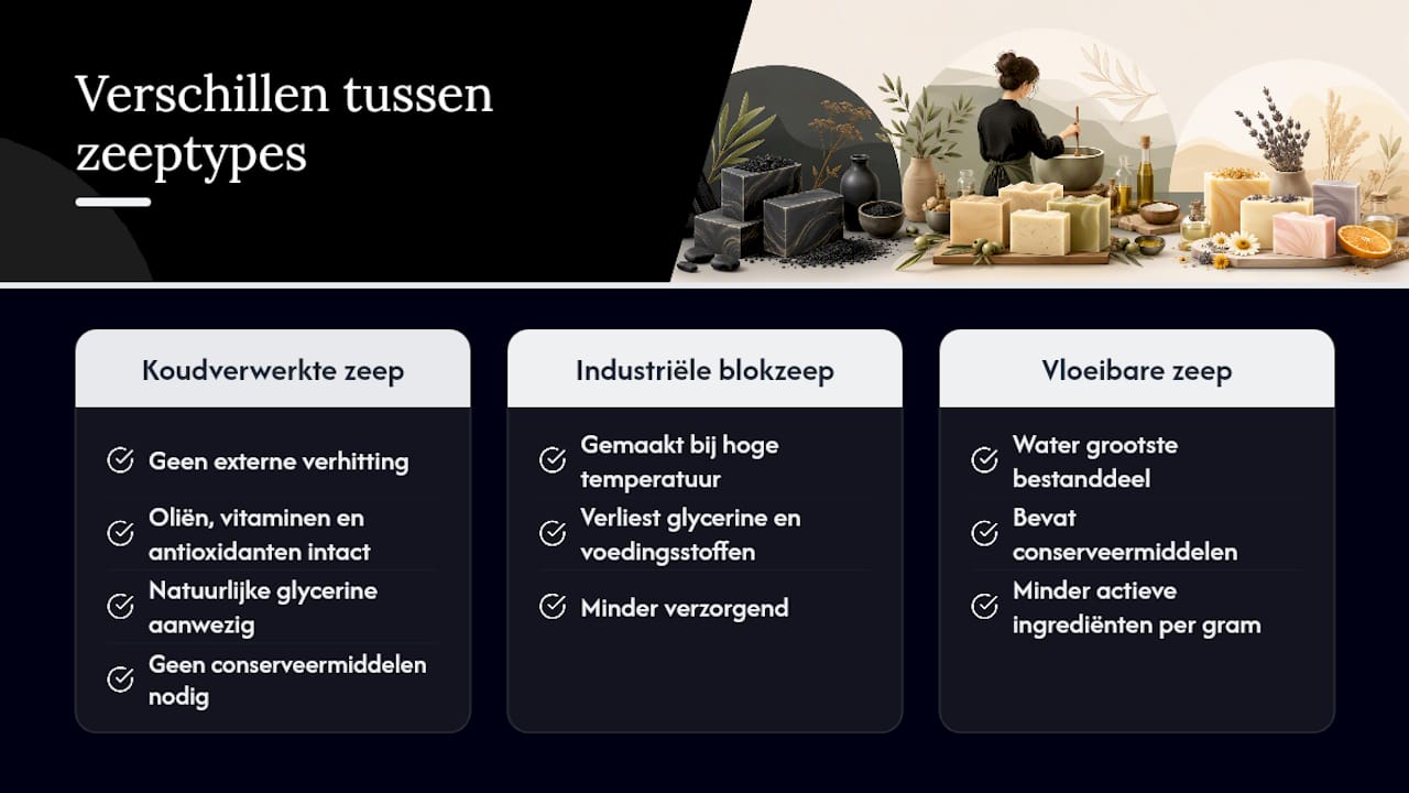 Overzichtsschema: de verschillen tussen ambachtelijke zeep en industrieel geproduceerde zeep