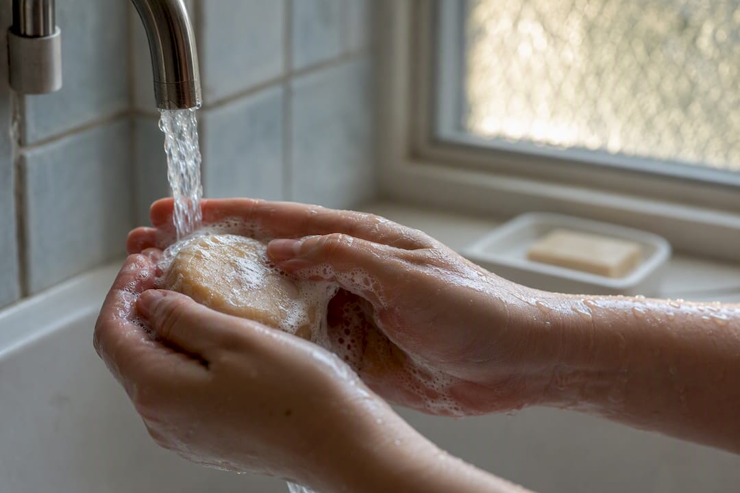 Handen schuimen shampoo bar op onder stromend water