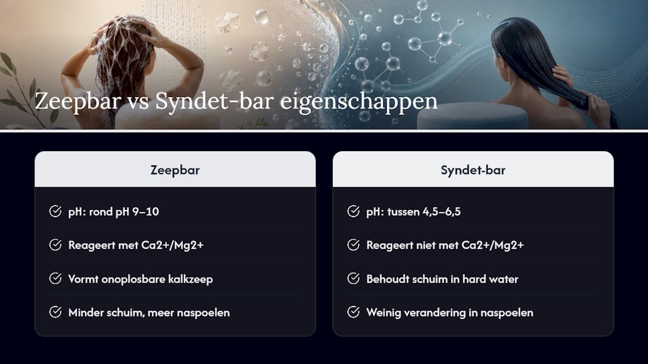 Diagram dat de effecten van een zeepblokje en een syndet bar in hard water vergelijkt
