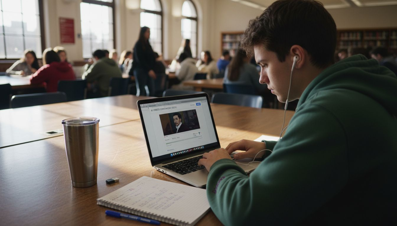 Student testing AI video tool in library