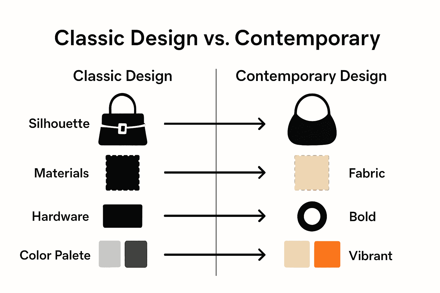 Infographic comparing classic and contemporary bag design features with icons.