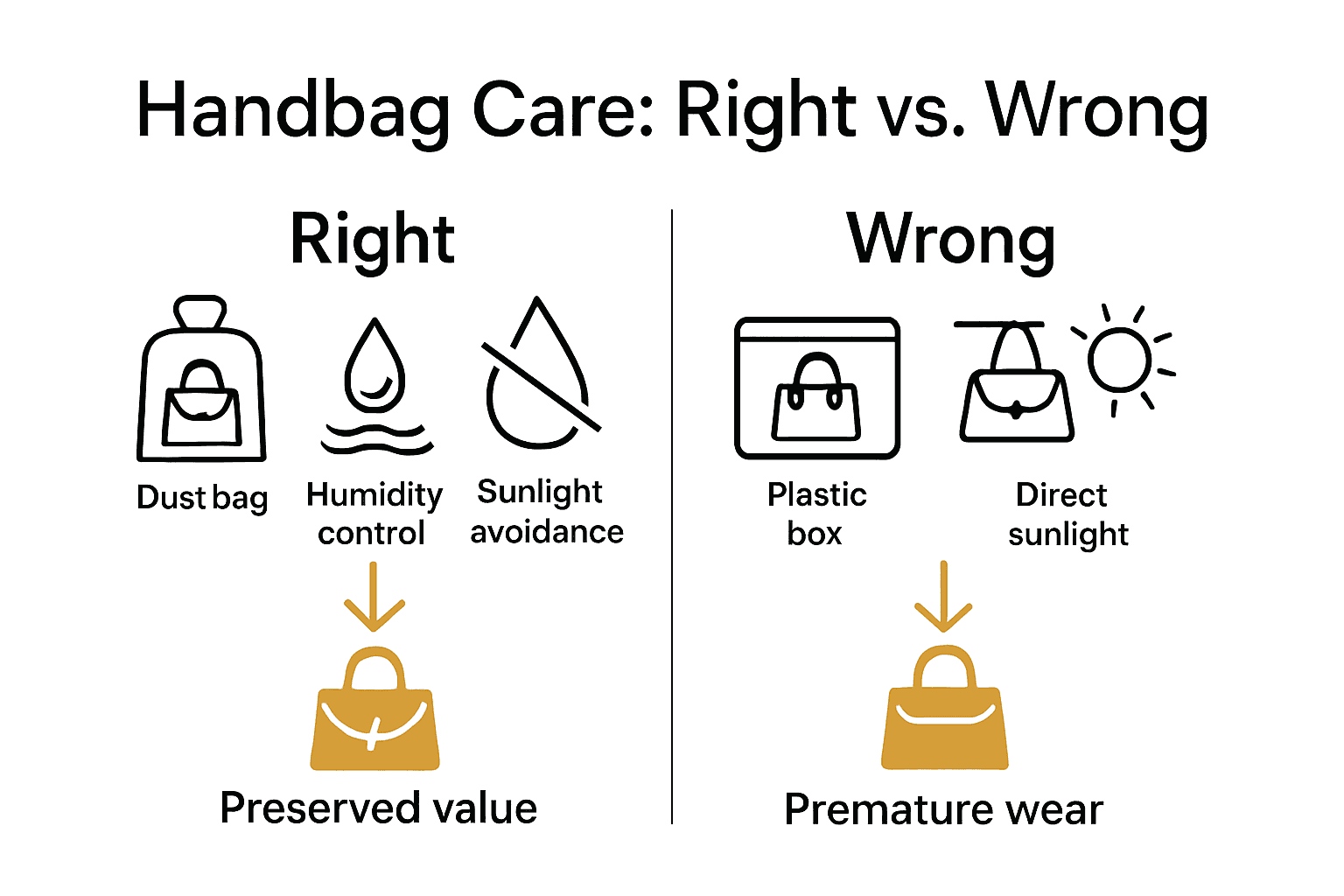 Infographic contrasting correct and incorrect handbag care methods