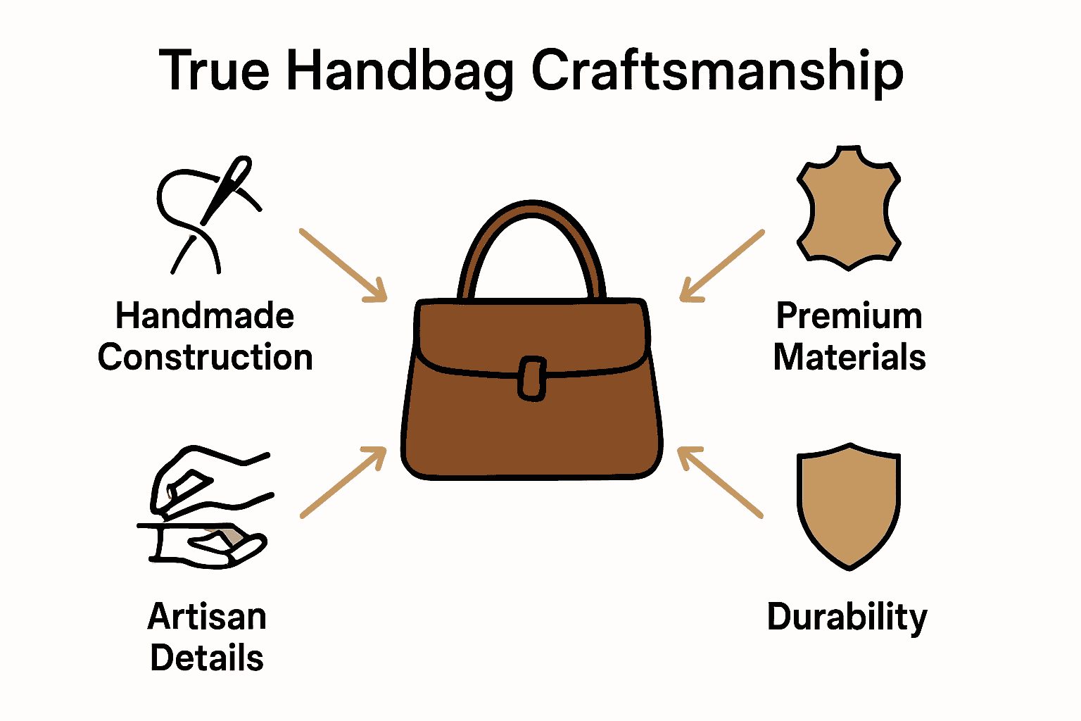 Infographic explaining four hallmarks of quality handbag craftsmanship with icons and arrows.