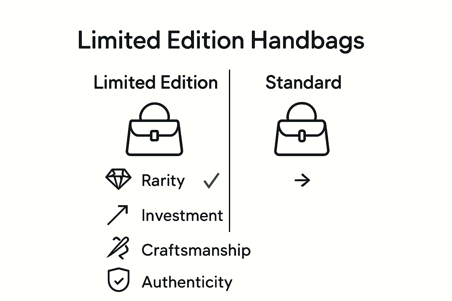 Infographic comparing limited edition and standard handbags on rarity, investment, and craftsmanship.