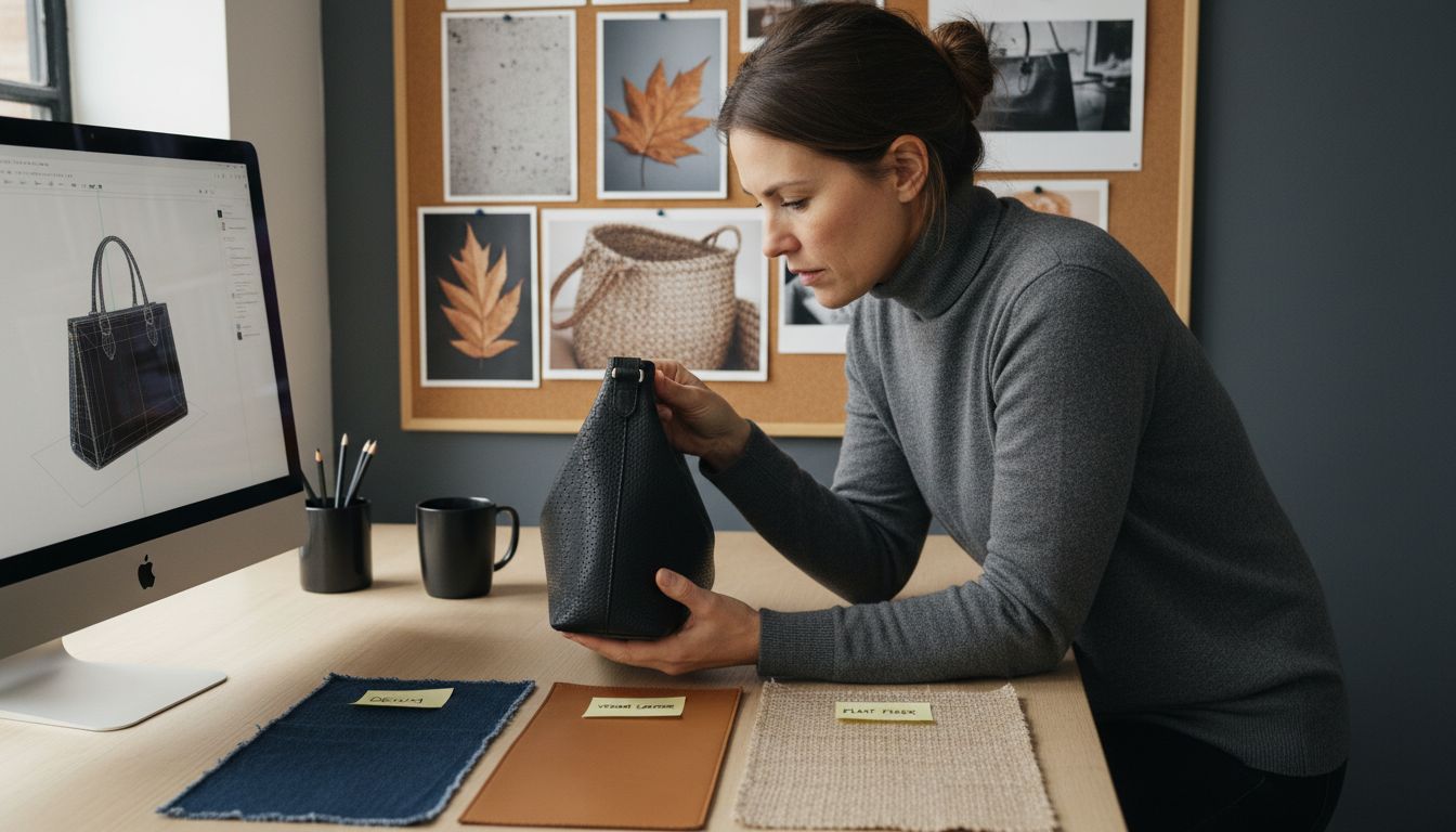 Designer analyzing handbag material swatches