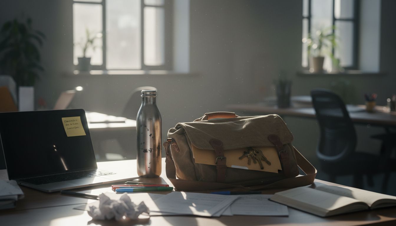 Satchel bag on busy office desk