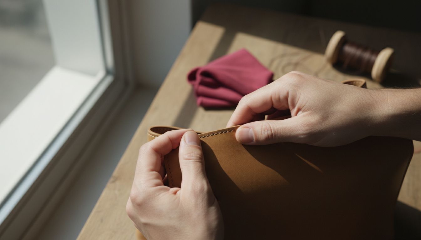Close-up of stitching quality on luxury handbag
