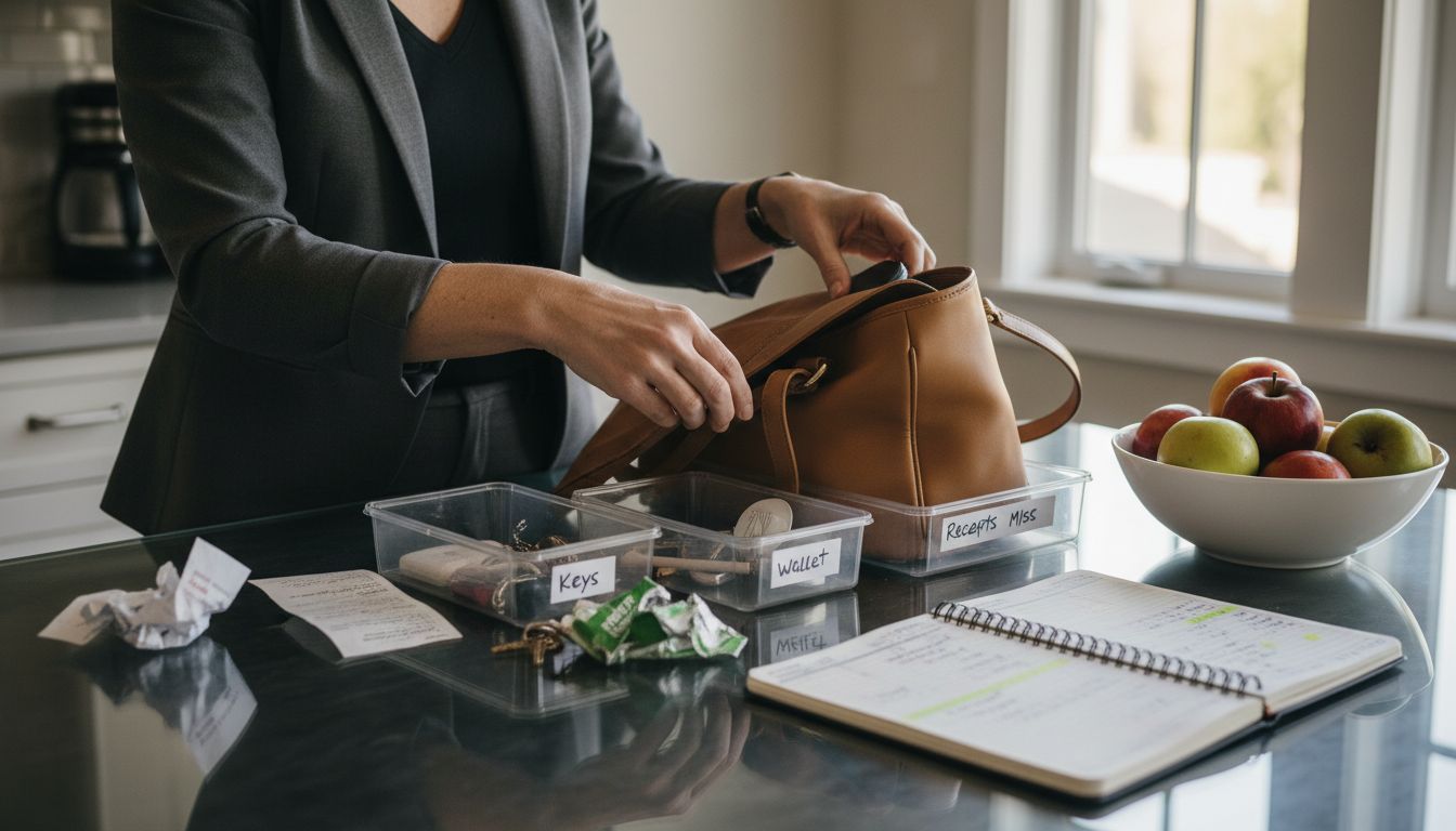 Sorting handbag items on kitchen counter
