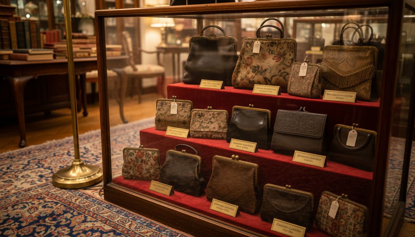 Display of vintage historic handbags