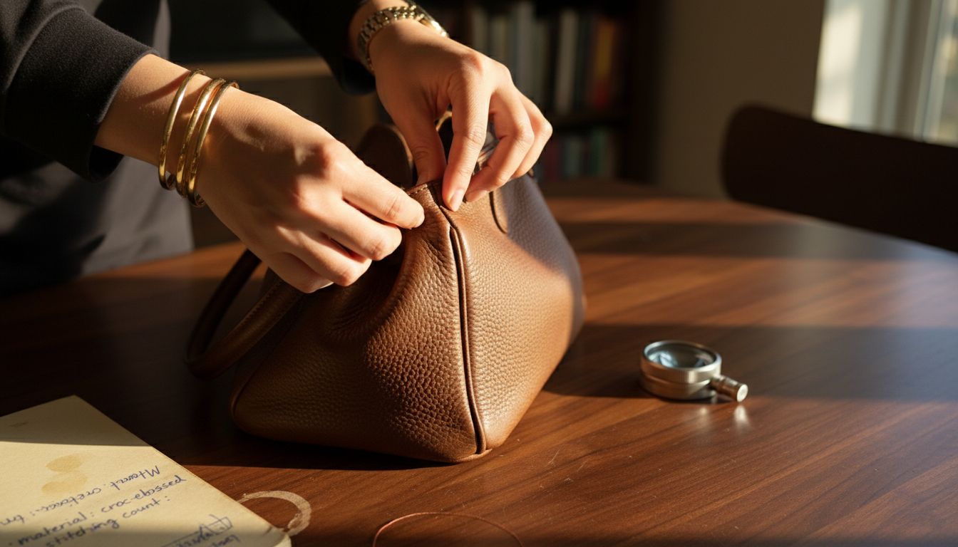 Inspecting stitching on luxury leather handbag