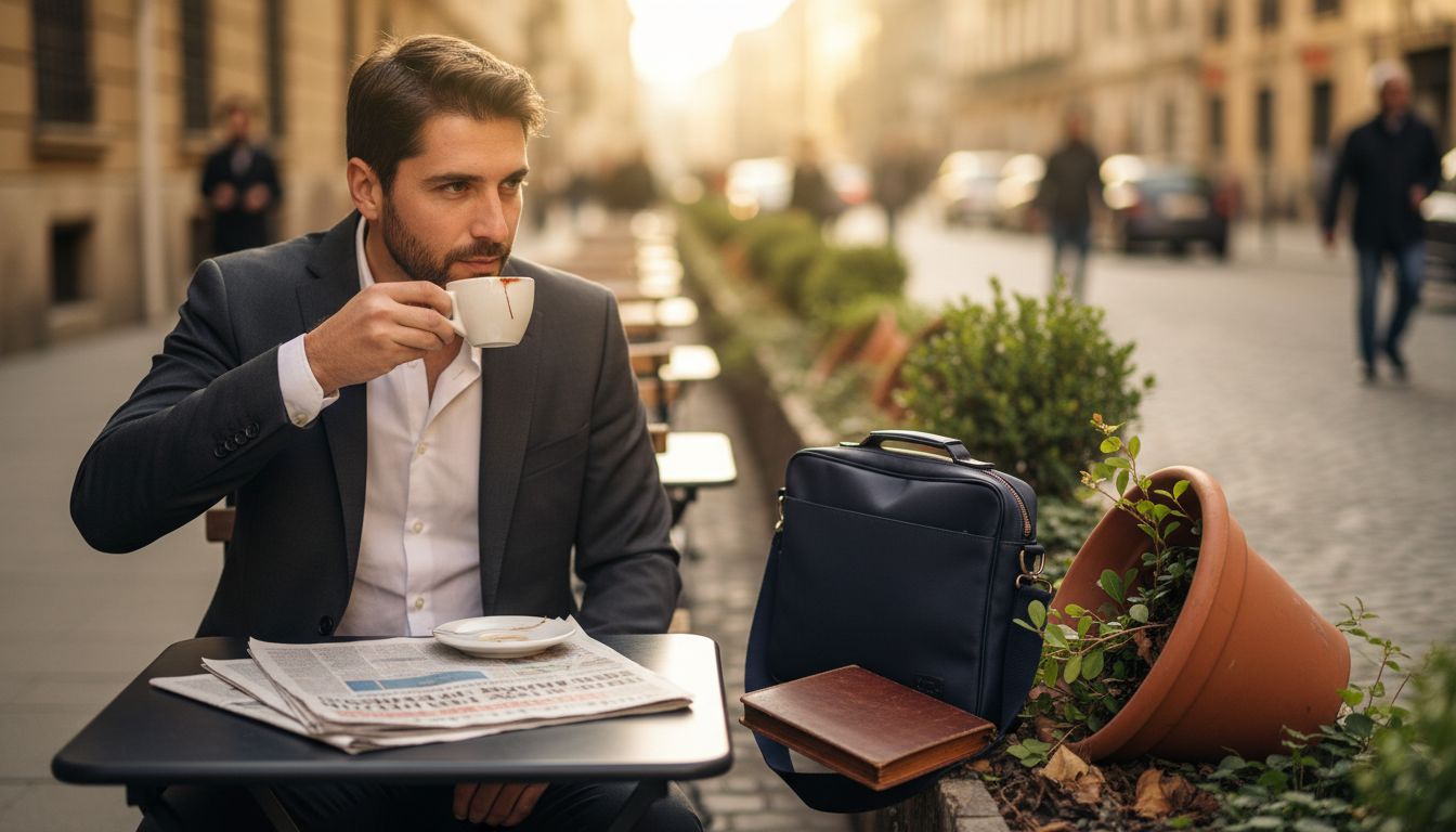 Man with stylish bag at outdoor café