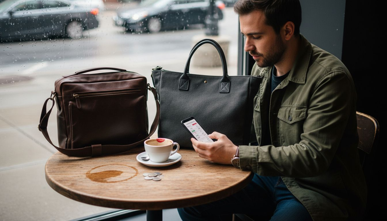 Man comparing two handbags in café setting