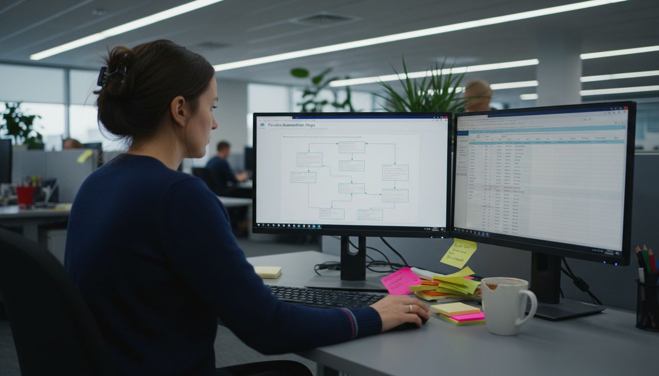 Employee monitoring automated workflow on dual screens