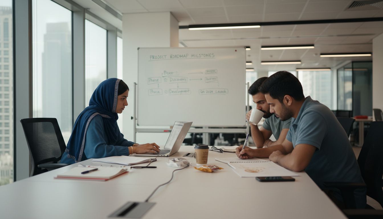 Team in Dubai office meeting reviewing milestones