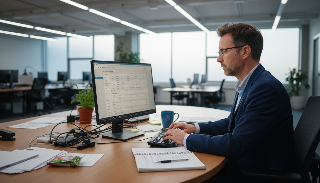 Businessman using CRM software at cluttered desk