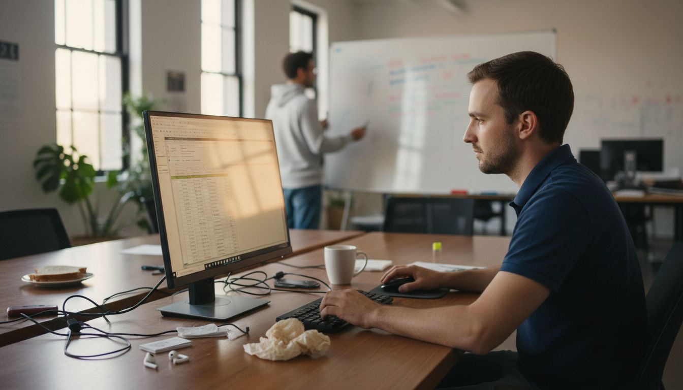 IT manager monitoring digital workflows at desk