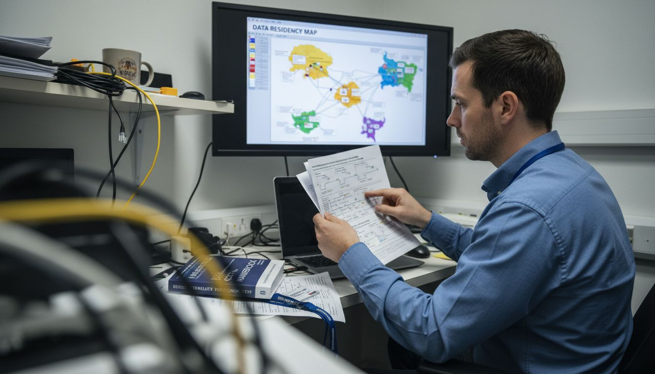 Officer reviewing data governance in shared workspace