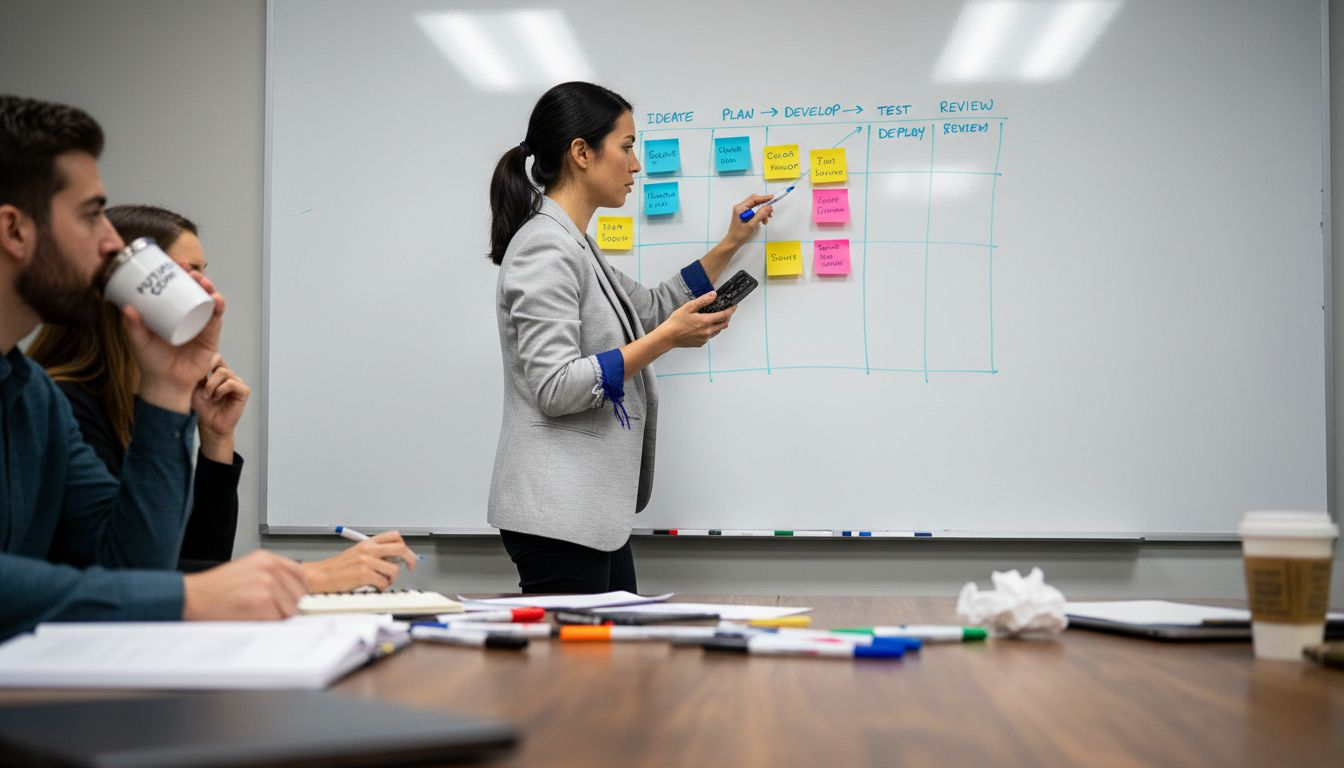 Manager mapping processes on office whiteboard