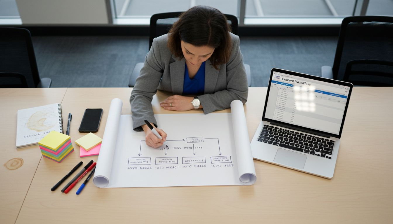 Analyst mapping business process flowchart