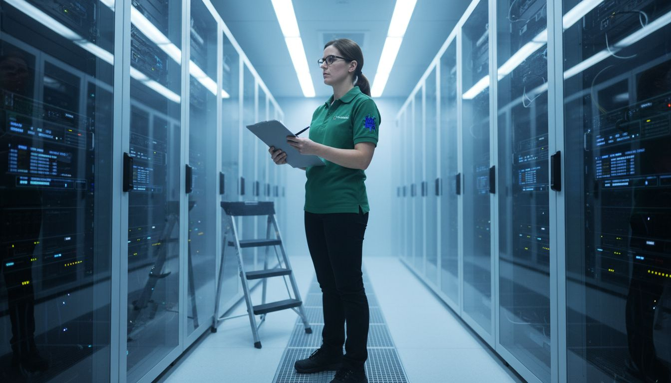 Analyst auditing ERP hardware in server room
