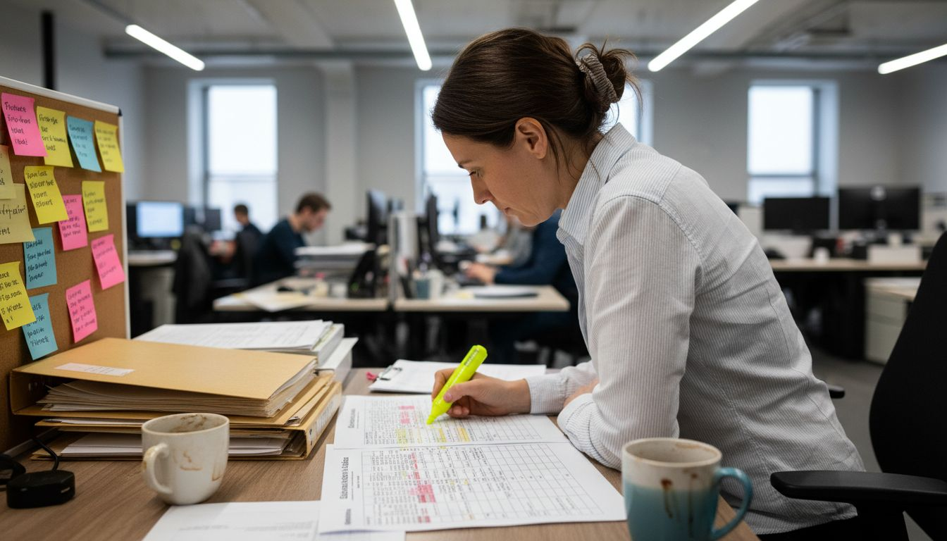 Analyst reviewing detailed responsibility matrix