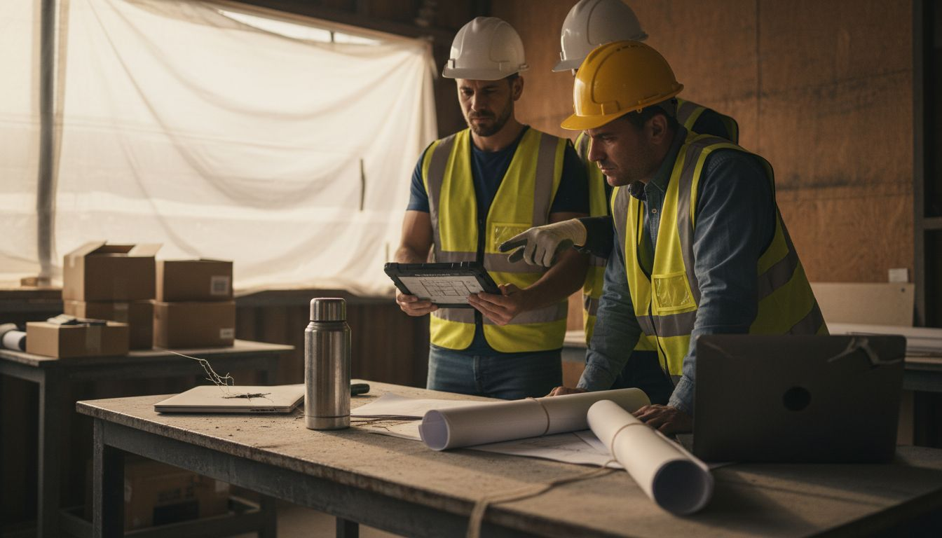 Construction team reviews digital plans onsite