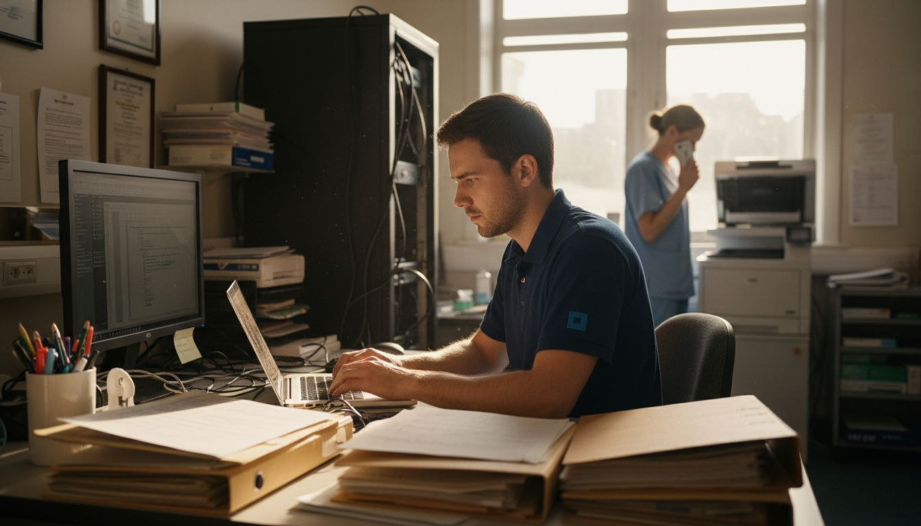 Technician reviewing SaaS tools in healthcare