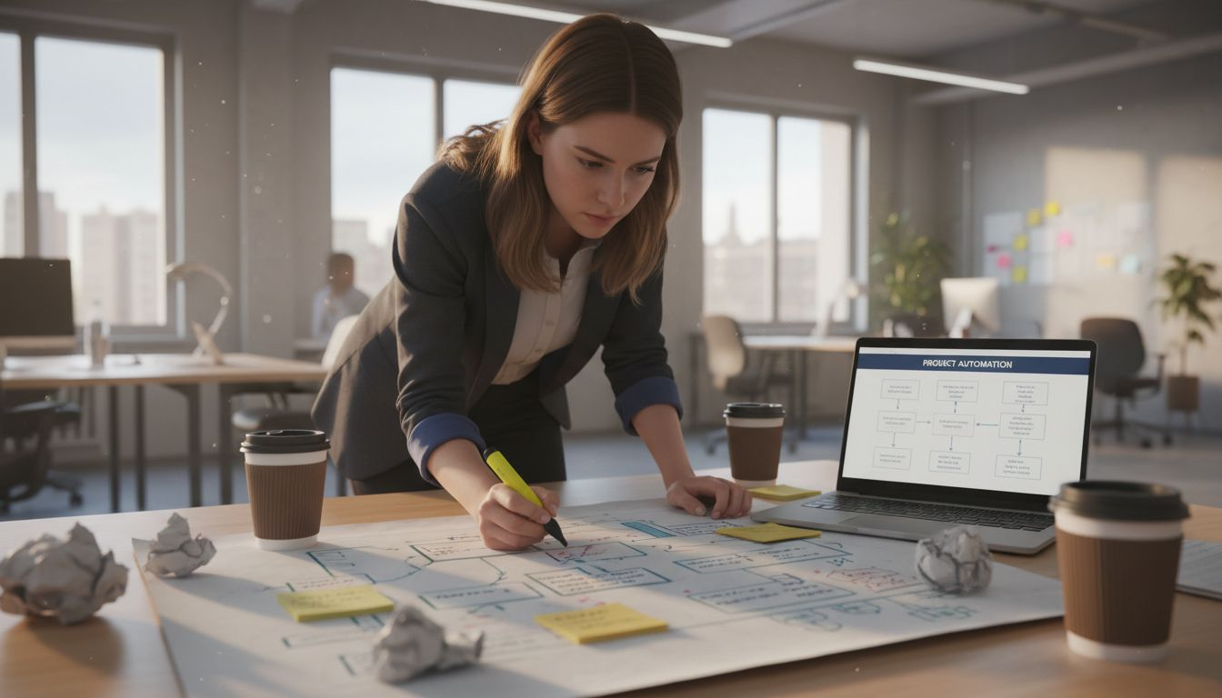 Woman mapping workflow at busy desk