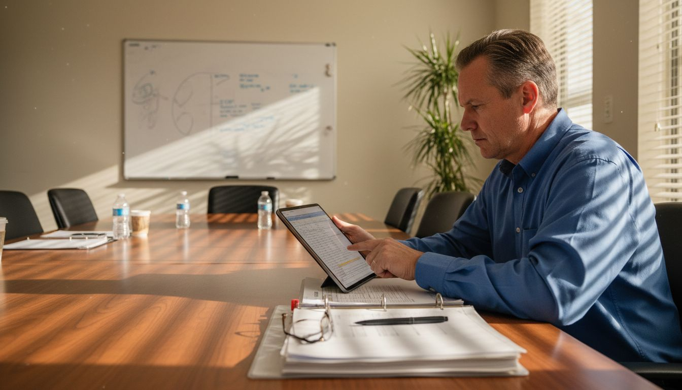 Hospital administrator using tablet at meeting table