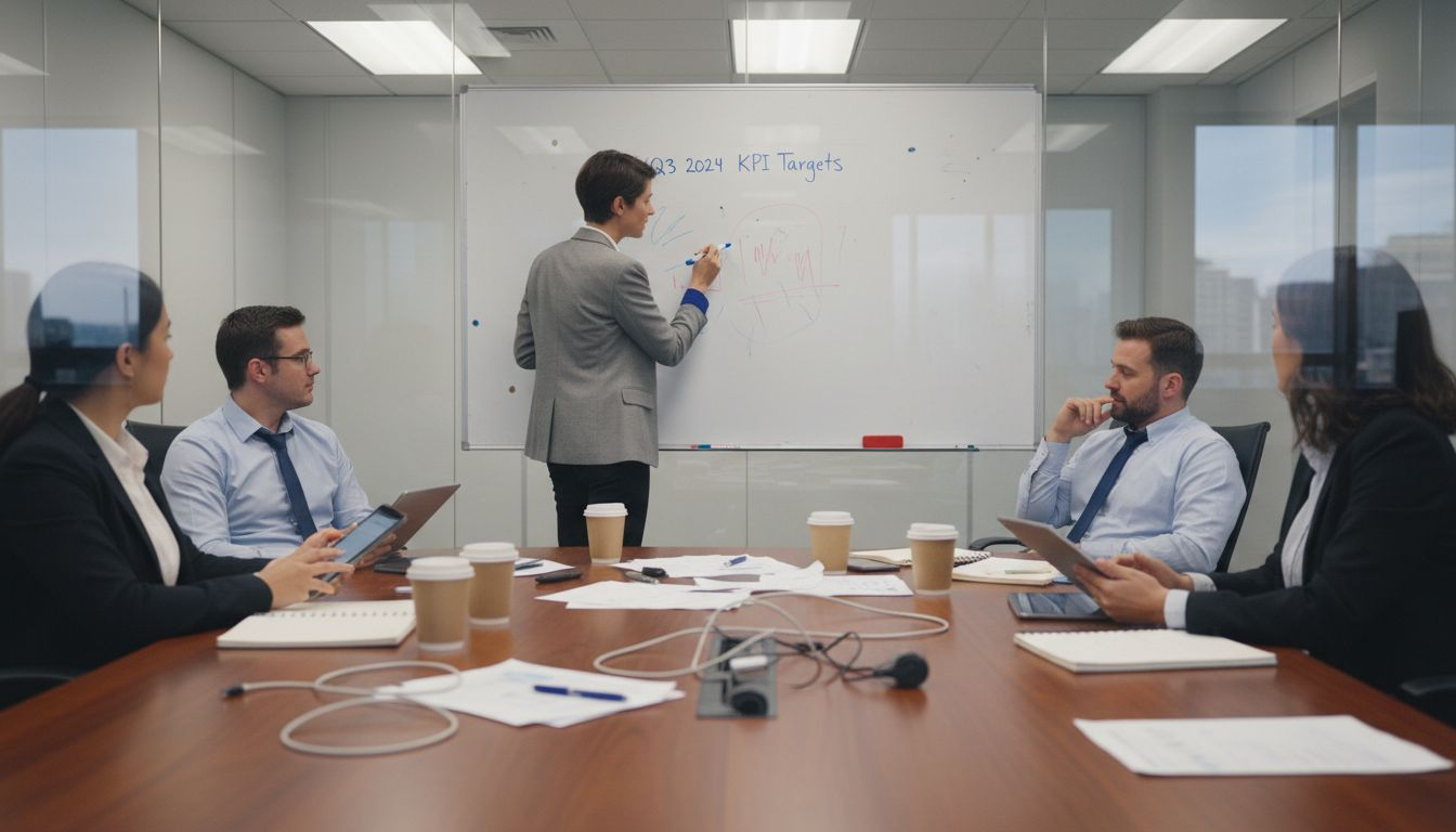 Team planning KPIs on conference room whiteboard