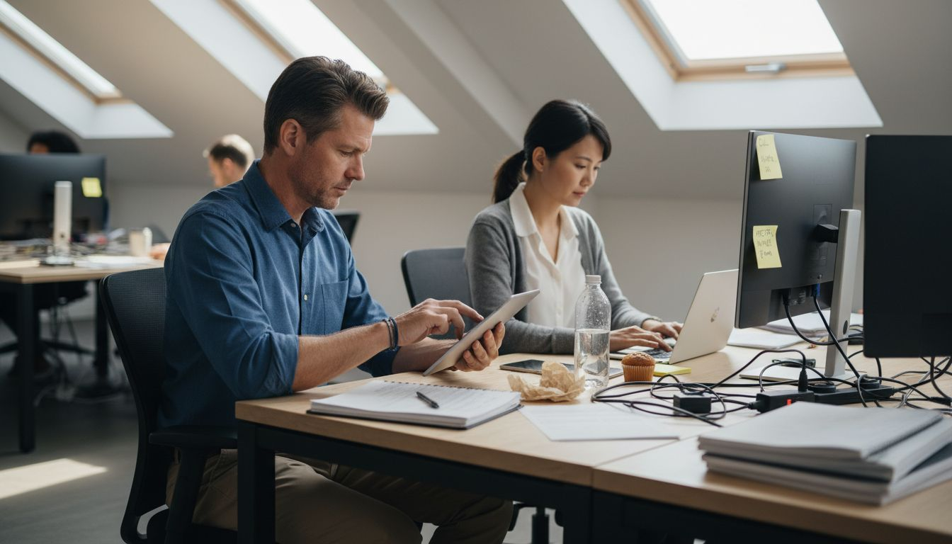 Colleagues using multiple digital devices together