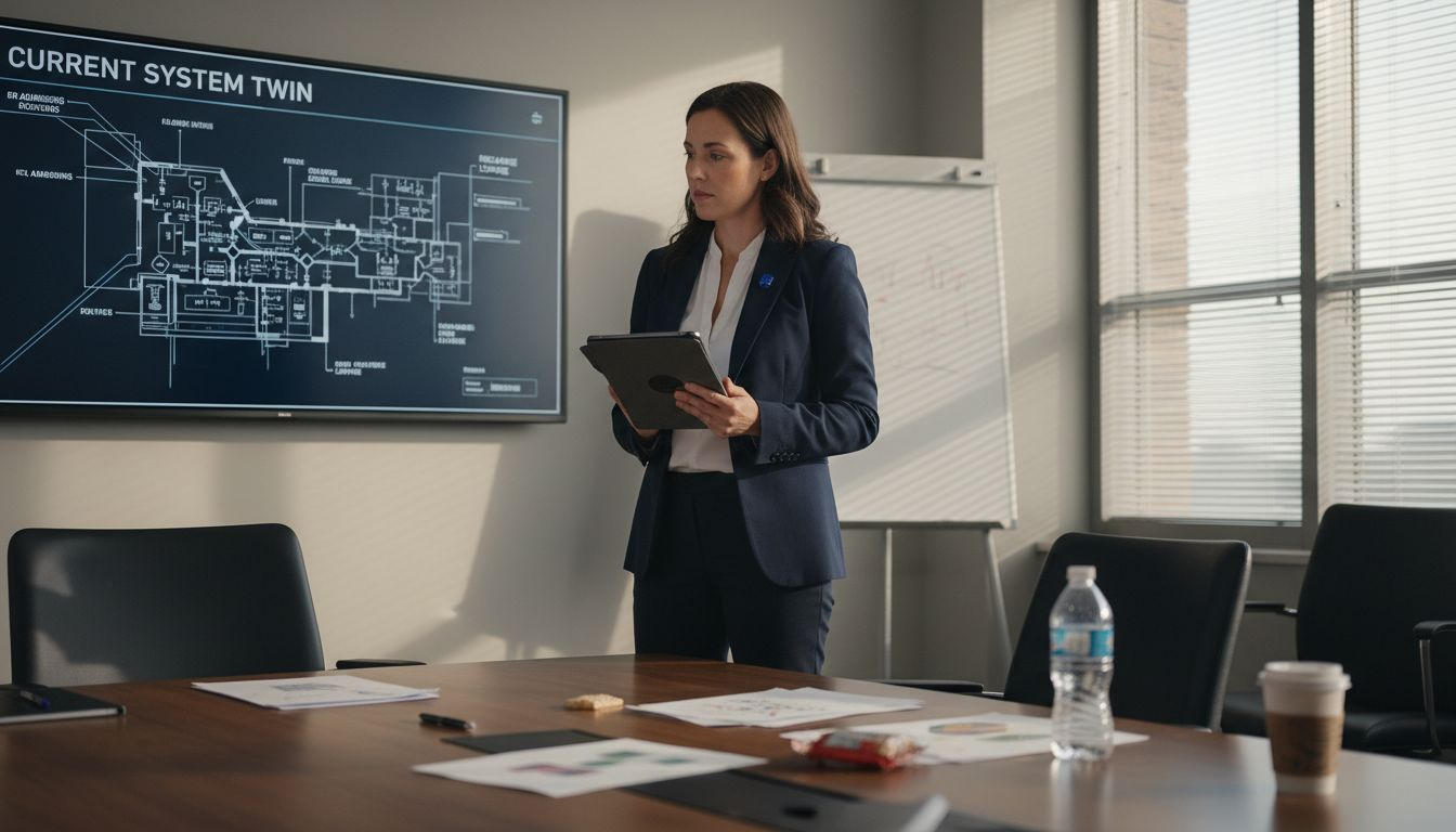 Hospital admin reviews real-time system twin