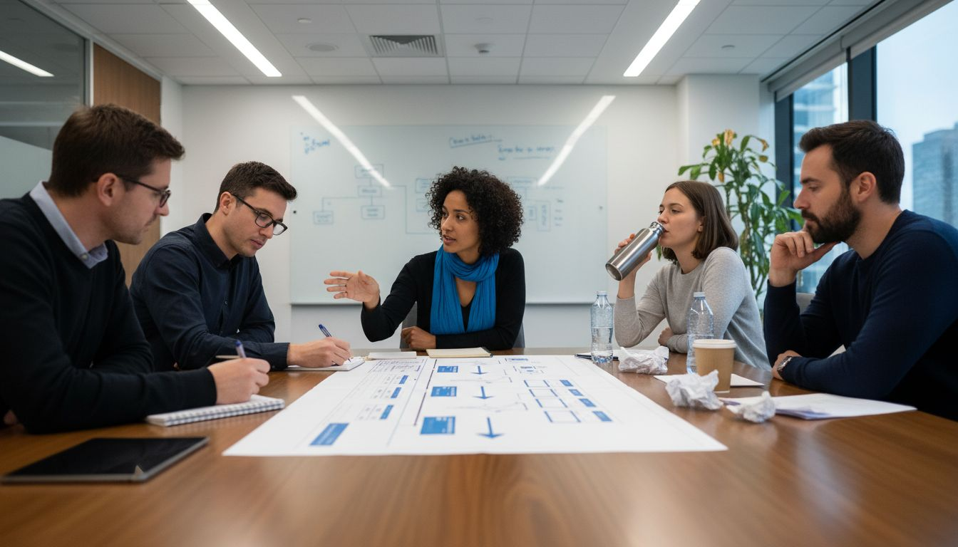 Team discussing workflow around meeting table
