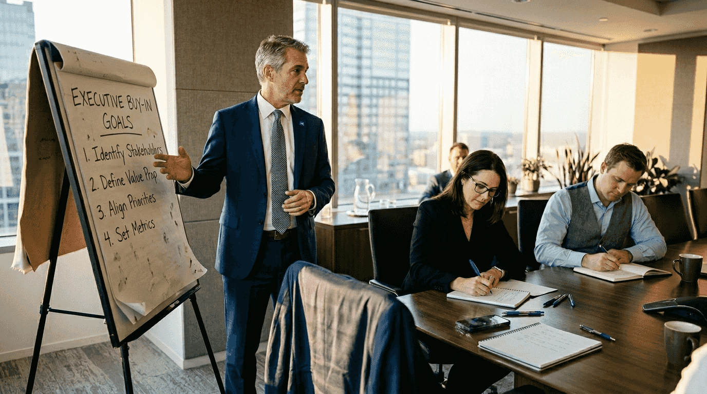 Executive presenting workflow goals to colleagues