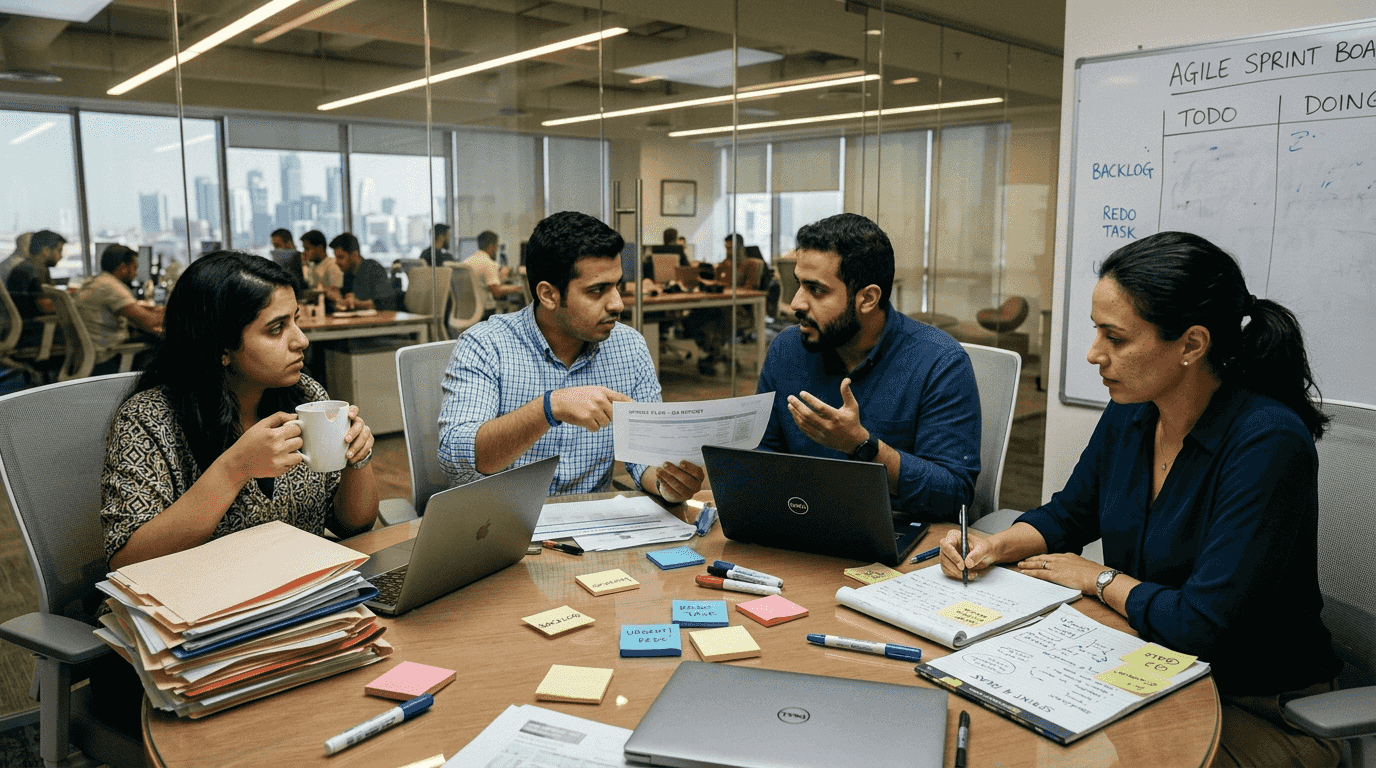 Team discussing agility balancing challenges