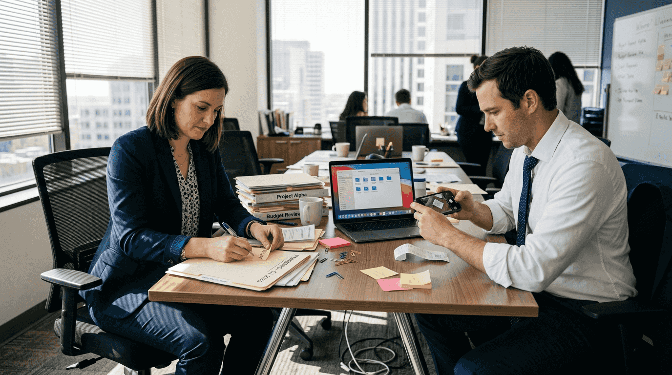 Team organizing documents and adding metadata tags