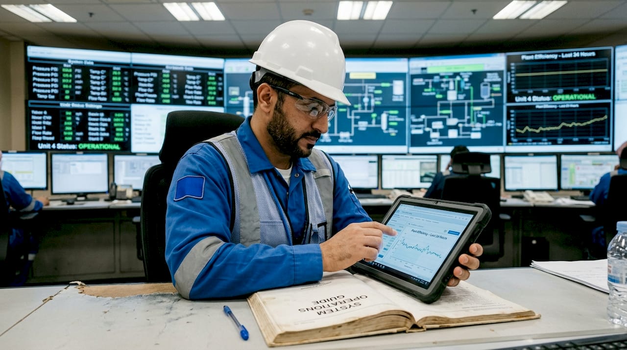 Engineer using IoT sensors in energy facility