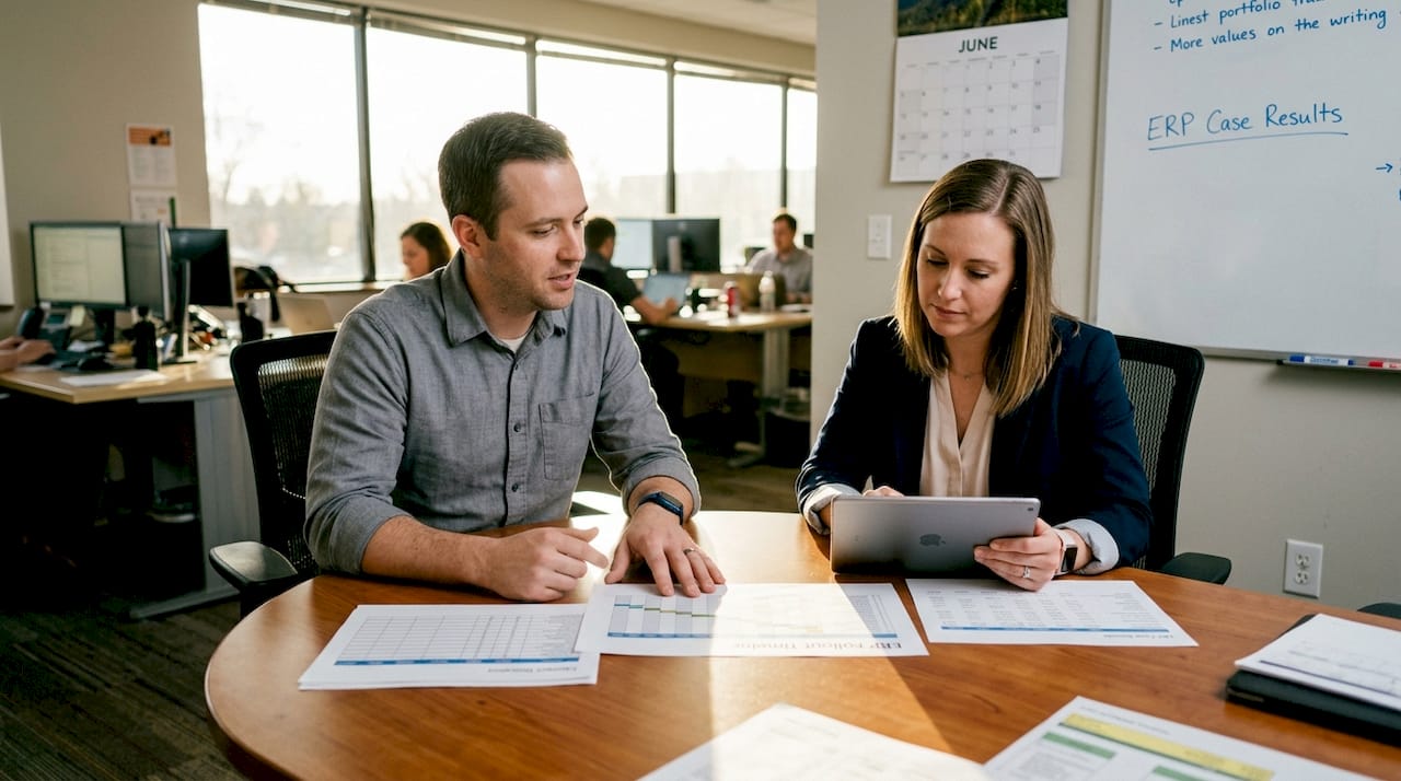 ERP project and finance managers reviewing rollout