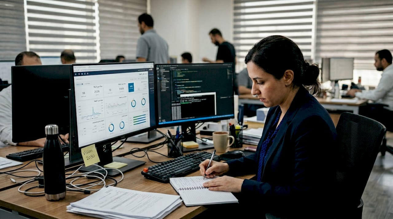 Manager reviewing Arabic digital workspace screen