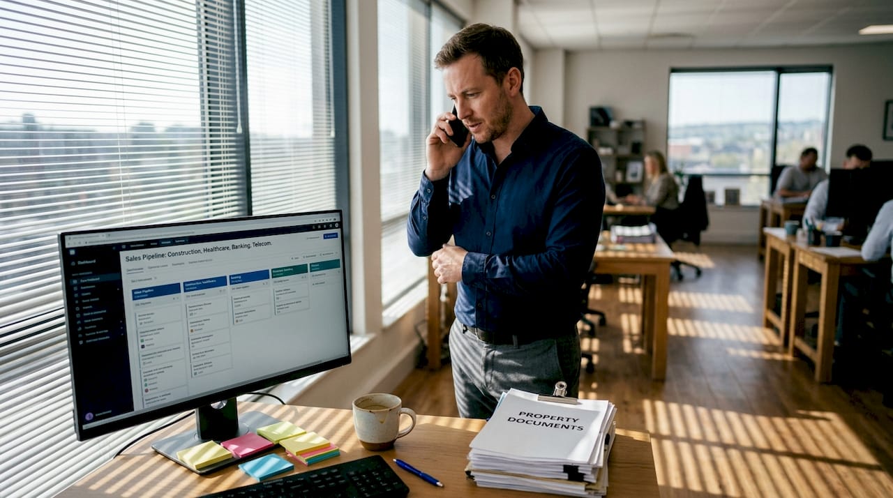 Sector professional uses CRM dashboard at desk