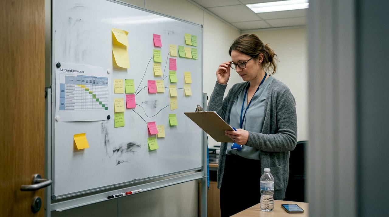 Business analyst reviewing traceability matrix on whiteboard