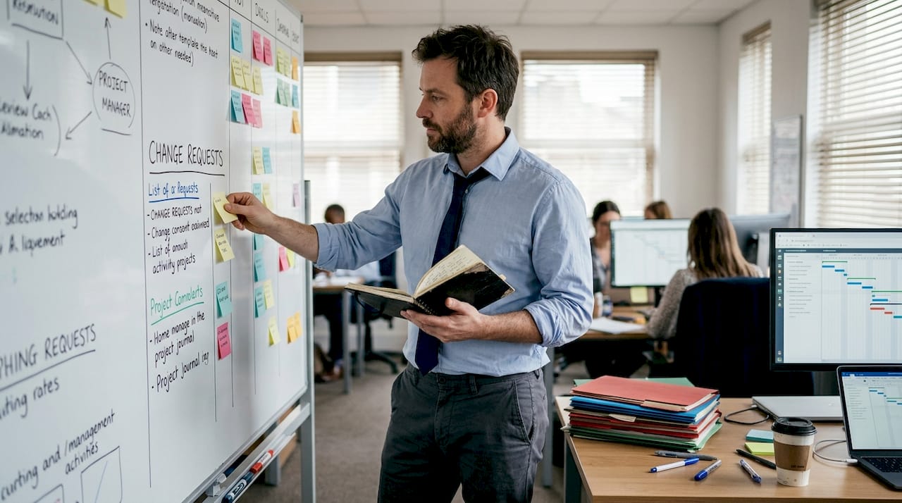 Project manager updating scope tracking notes