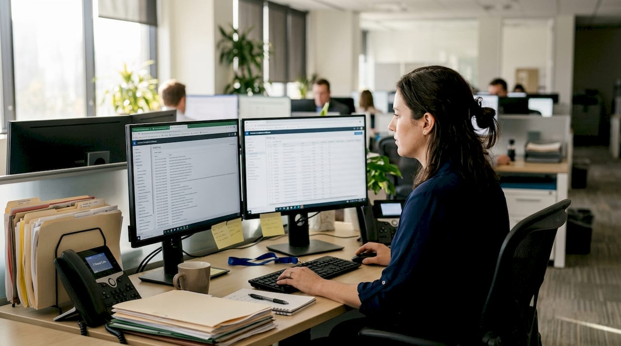Officer checks audit logs in busy workspace