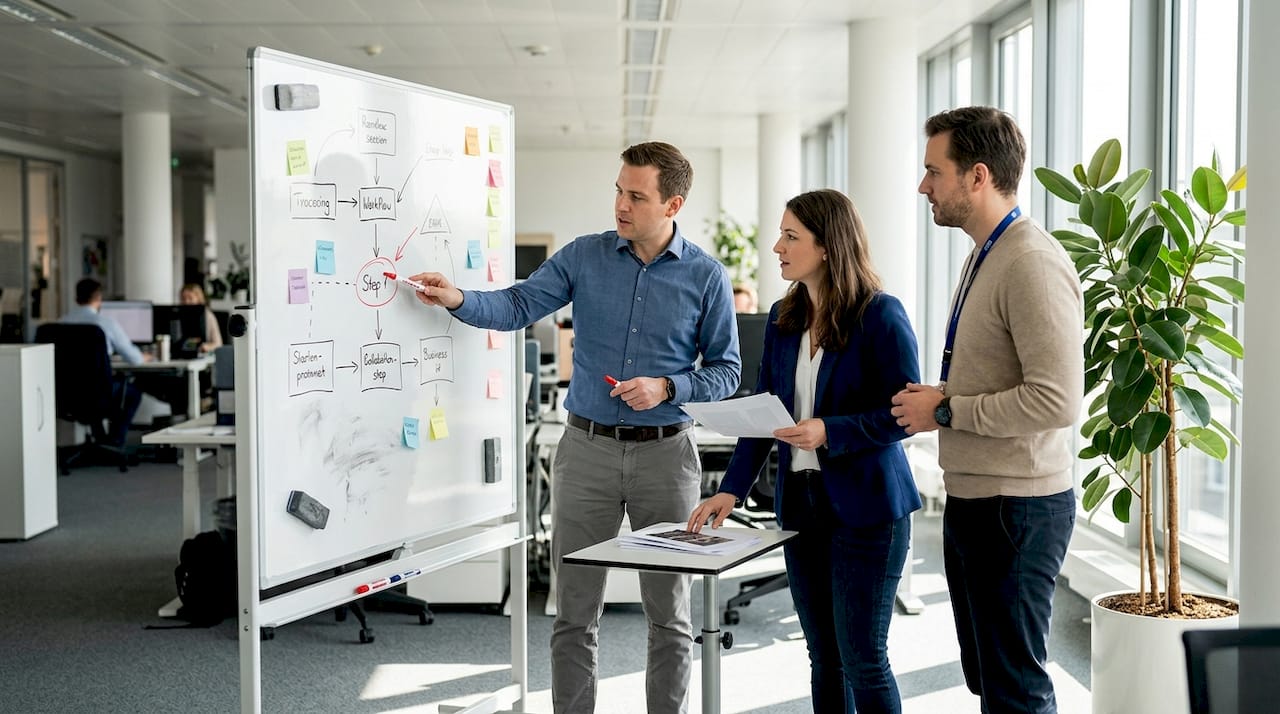 Team collaborates on business process on whiteboard