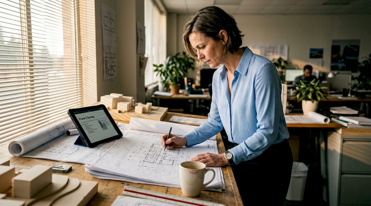 Construction executive studying digital project plans