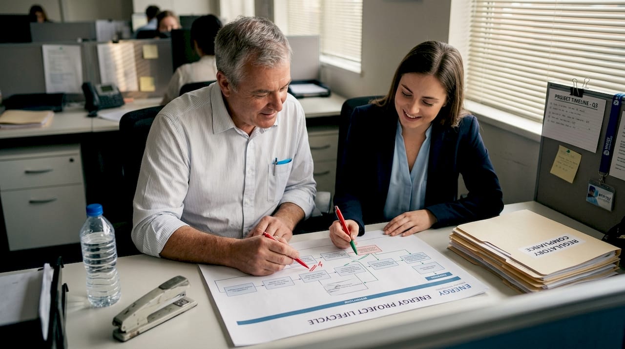 Team marking up workflow chart together