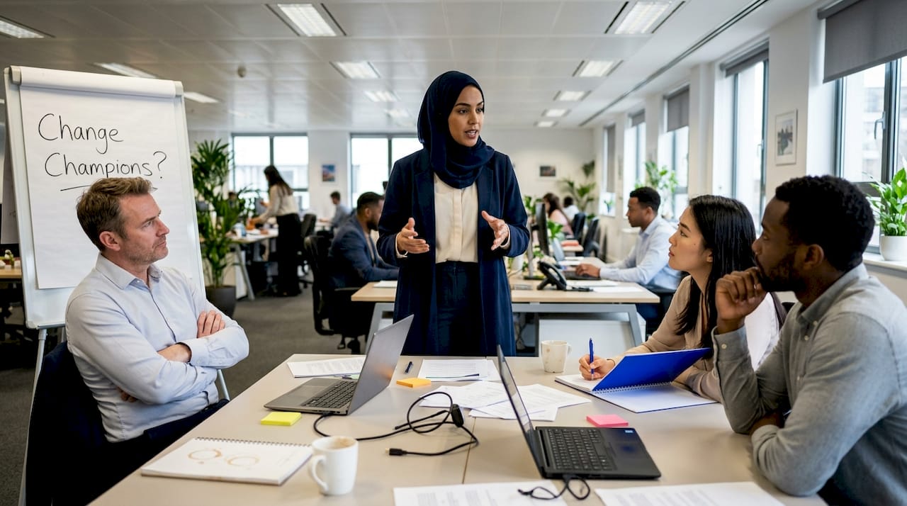 Manager addresses skeptical team in office meeting